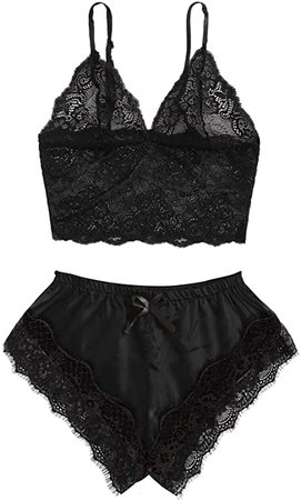 *clipped by @luci-her* SweatyRocks Women's Lace Cami Top with Shorts with Panties 2 Piece Set Sexy Lingerie Pajama Set Black X-Small at Amazon Women’s Clothing store