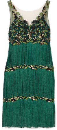Fringed Embroidered Tulle Dress - Emerald