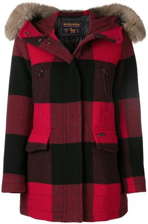 checked fur-trimmed hooded coat