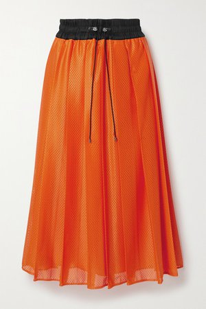 Shell-trimmed Pleated Mesh Midi Skirt - Orange