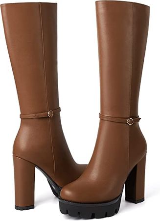 Amazon.com | MERRORI Womens Fashion Matte Lug Sole Round Toe Zip Block High Heel Mid Calf Boots 4.7 Inch | Mid-Calf