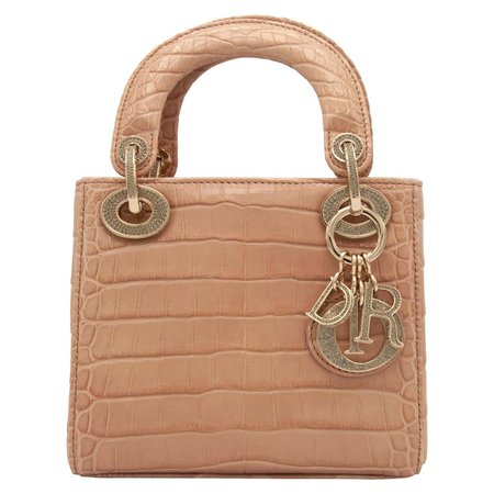 Christian Dior Lady Dior Mini Beige Crocodile Champagne Hardware with Crystals For Sale at 1stDibs