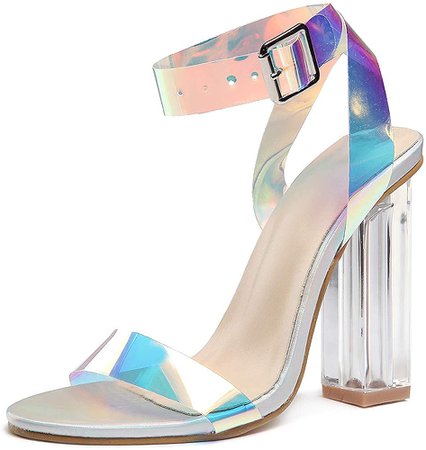 Amazon.com | Women's High Heels Sandals for Wedding Shoes with Open Toe Ankle Strappy Block Clear Platform Chunky Heeled Women Party Dress Holiday - 1720 Holographic Blue 9(41) | Heeled Sandals