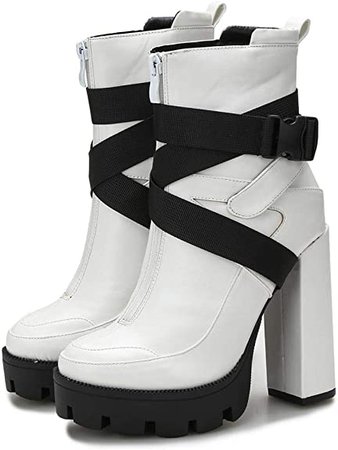 Amazon.com | Women's Platform Combat Boots Round Toe High Heels Ankle Boots Strap Adjustable Buckle Zipper Short Boot Block Chunky Heel Booties | Ankle & Bootie