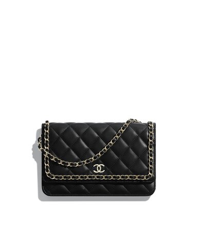 Wallet on Chain, lambskin, chains & gold-tone metal, black - CHANEL