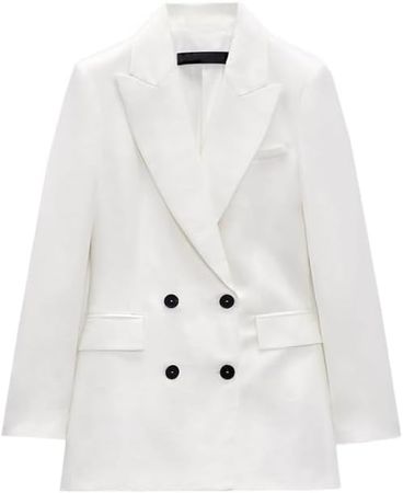 2023 Women's Spring/Summer Lapel Long-sleeved Double-breasted White Linen Casual Jacket Femal at Amazon Women’s Clothing store