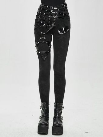 Devil Fashion Women's Black Gothic Punk Pants with Detachable Pentagram Harness Belt Garters - DarkinCloset.com