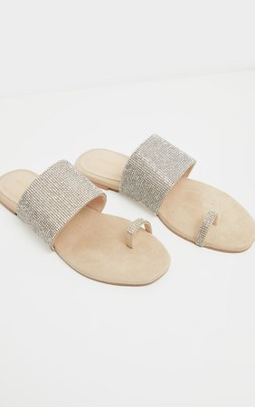 Nude Diamante Toe Loop Flat Sandals | PrettyLittleThing USA