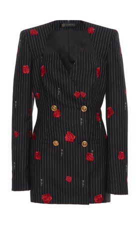 Versace Rose-Embroidered Pinstripe Wool Double-Breasted Blazer