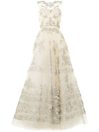 Oscar de la Renta metallic lace-embellished silk gown