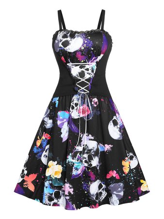 Plus Size Lace Up Butterfly Skull Print Halloween Dress [23% OFF] | Rosegal