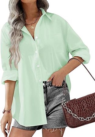 Hotouch Womens Black Button Down Shirts Boyfriend Long Sleeve Oversized Collar Shirt Soft Office Blouses with Pockets Light Green XL at Amazon Women’s Clothing store