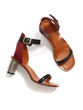 Louise Paris - CELINE BAM BAM Burgundy and black leather ankle strap silver heeled sandals Retail price €650 Size 39.5