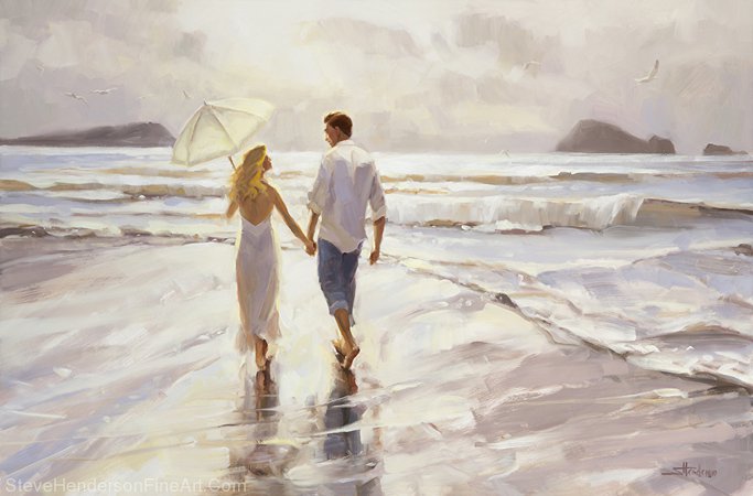 Steve Henderson - Work Zoom: Hand in Hand -- Original Oil Painting -- Romantic Couple Walking on Beach
