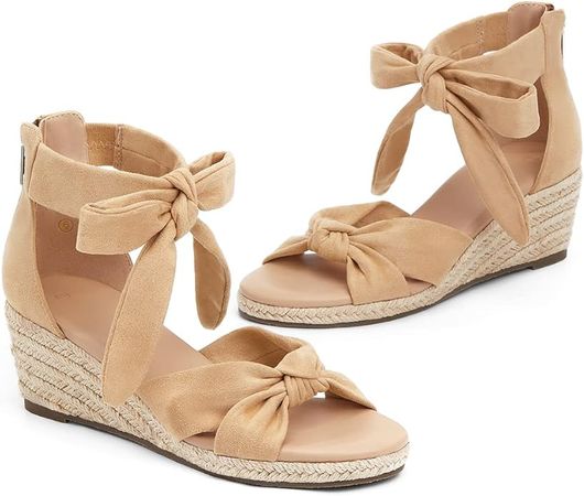 LAICIGO Womens Espadrilles Wedge Sandals Back Zipper Closure Open Toe Platform Ankle Strap Summer Dress Shoes with Bow Decoration, Brown, 9.5 | Platforms & Wedges