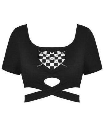 Dark in Love Black Gothic Grunge Checkered Heart Crop Top for Women - DarkinCloset.com