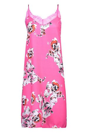 Floral Print Lace Trim Slip Dress | Boohoo