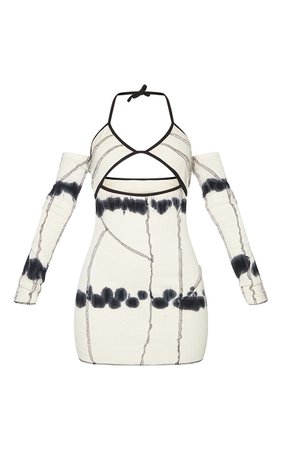 Cream Tie Dye Ribbed Overlock Stitch Halterneck Bardot Bodycon Dress | PrettyLittleThing USA
