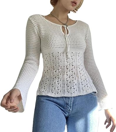 BAIMORE Women's Hollow Out Crochet Knit Top Crewneck Long Sleeve Casual Pullover Sweaters at Amazon Women’s Clothing store
