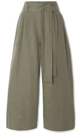 Cropped Belted Woven Wide-leg Pants - Army green