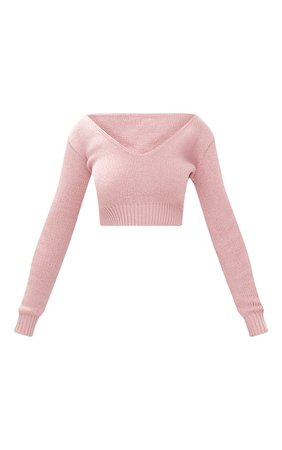 Cream V Neck Off Shoulder Knitted Cropped Jumper | PrettyLittleThing
