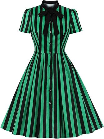 Wellwits Women's Stripes Print Tie Neck Pocket Vintage Button Down Shirt Dress at Amazon Women’s Clothing store