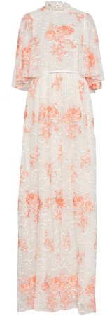 Cape-Effect Floral-Lace Gown