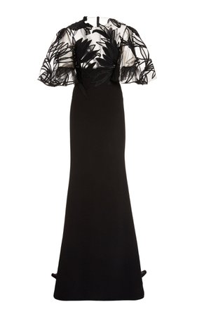 Oscar de la Renta, Black Floral Crepe Gown