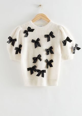 Bow Embellished Wool Top - White and Black Bows - Sweaters - & Other Stories US