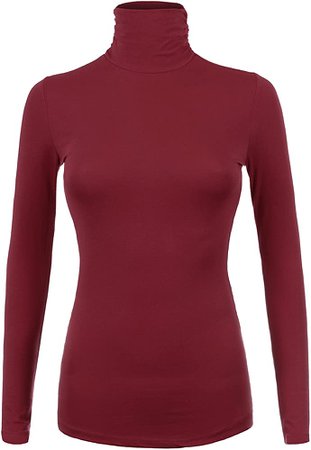 BEKDO Womens Fitted Turtleneck with Ruched Neck Long Sleeve Solid Top-S-Burgundy at Amazon Women’s Clothing store