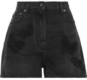 Bead-embellished Embroidered Denim Shorts