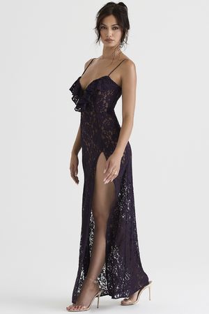 Clothing : Maxi Dresses : 'Malia' Deep Purple Lace Maxi Dress