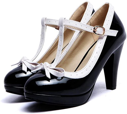 ForeMode Fashion Women T-Strap High Heels Bow Platform Round Toe Pumps Leather Summer Lolita Sweet Shoes