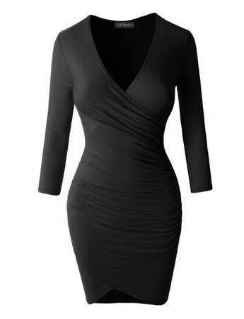 LE3NO Womens Lightweight 3/4 Sleeve Side Ruched Dress | LE3NO black