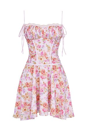 Clothing : Midi Dresses : 'Alejandra' Light Lavender Print Corset Dress
