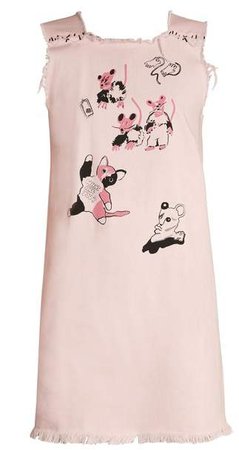 Claire Barrow - Cat And Mouse Print Square Neck Denim Dress - Womens - Light Pink