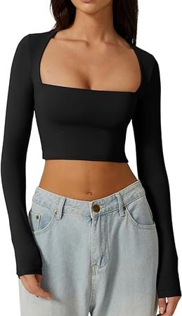 QINSEN Women's Sexy Square Neck Crop Top Long Sleeve Slim Fit Cropped T Shirts at Amazon Women’s Clothing store