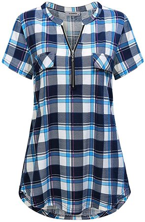 Dressy Tops, Women's Zip V Neck Short Sleeve Tunic Tops Business Casual Plaid Polo Shirts and Blouses for Summer Wear Bright Blue L at Amazon Women’s Clothing store