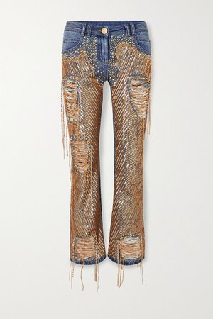 Blue Embellished distressed high-rise straight-leg jeans | Balmain | NET-A-PORTER
