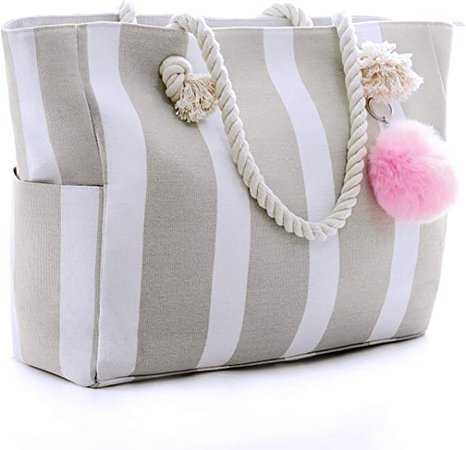 Large Canvas Shoulder Bag - Beach Tote with Cotton Rope Handles and Cute Pompom