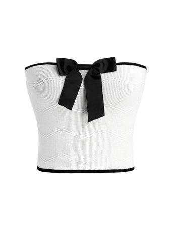 white top with black trim and bow