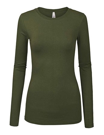 Womens Basic OLIVEColors Slim Fit Long Sleeve Round Neck Top (1100-OLIVE-M) at Amazon Women’s Clothing store