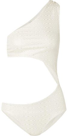 Eugenie One-shoulder Cutout Metallic Seersucker Swimsuit - Silver