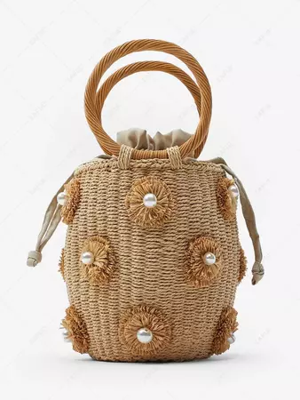 Floral Applique Faux Pearls Straw Bucket Bag In LIGHT COFFEE | ZAFUL 2024