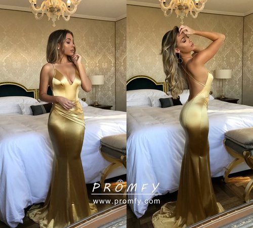 Shiny Gold Satin Draped Backless Mermaid Prom Dress - Promfy