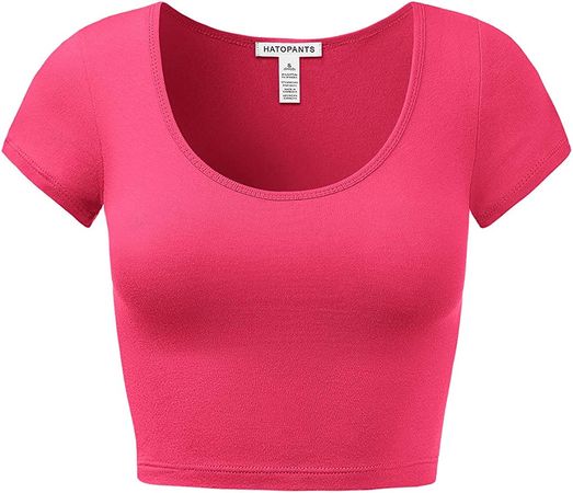 Women's Cotton Basic Scoop Neck Crop Short Sleeve Tops CANDYPINK L at Amazon Women’s Clothing store