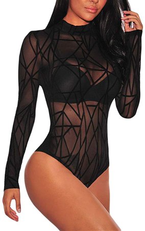 JomeDesign Bodysuit for Women Long Sleeve Black Sheer Mesh Sleeveless Sexy Lingerie Clubwear at Amazon Women’s Clothing store