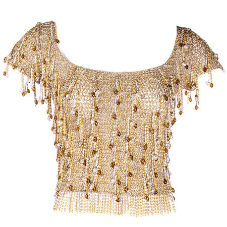 Loris Azzaro Beaded Silver and Gold Metallic Crochet Top with Chains, 1970s For Sale at 1stdibs
