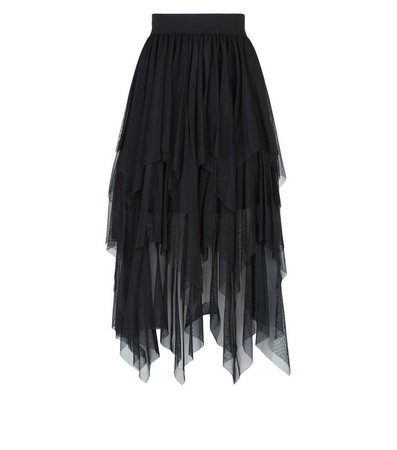 Black Mesh Hanky Hem Midi Skirt | New Look