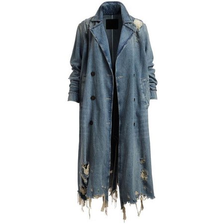T by Alexander Wang Distressed Double-Breasted Trench Denim Coat ($855) ❤ liked on Polyvore featuring o… | Blue trench coat, Denim trench coat, Double breasted coat